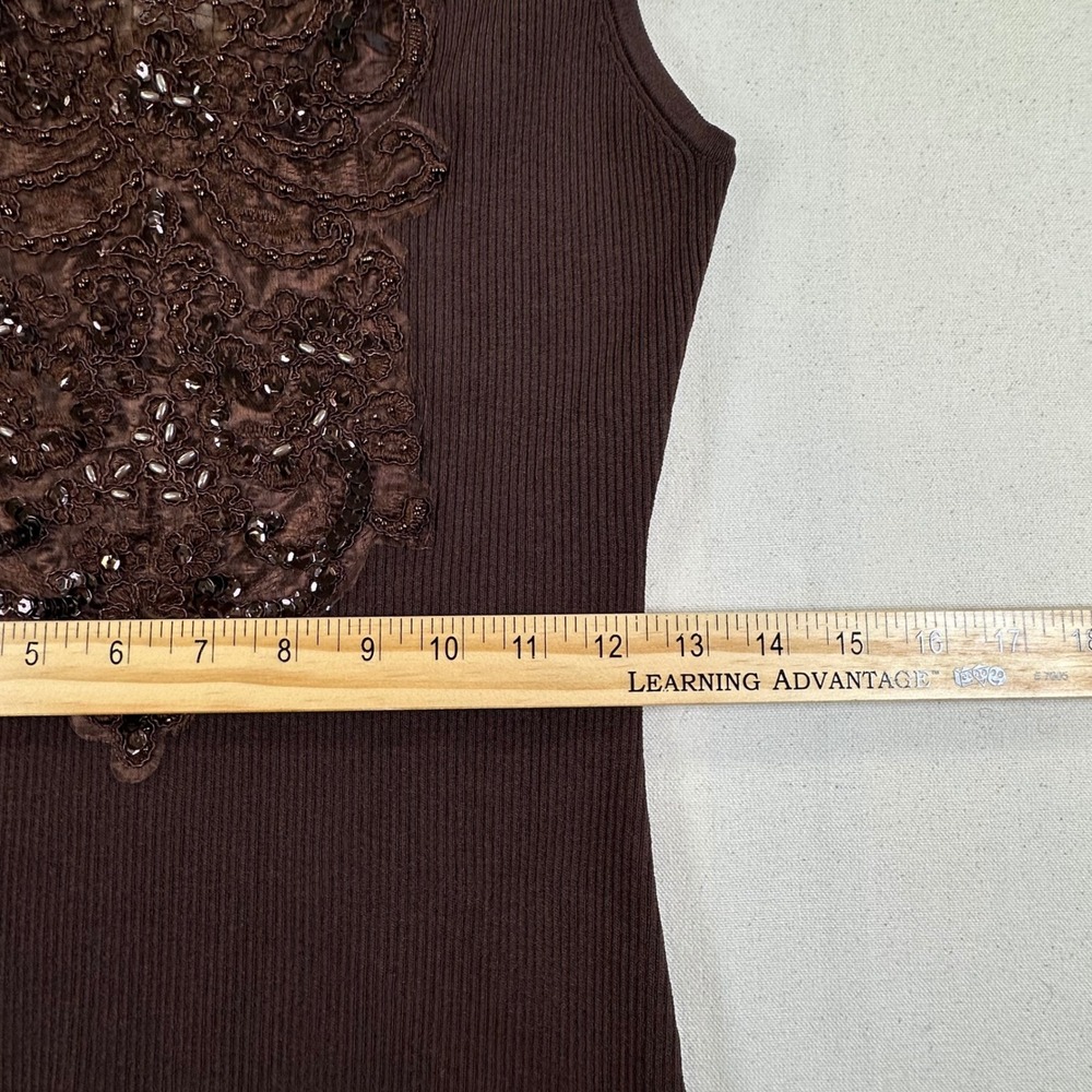 Cache Brown Ribbed Lace Sequin Beaded Sleeveless Tank Top Large 20227 - Picture 11 of 15